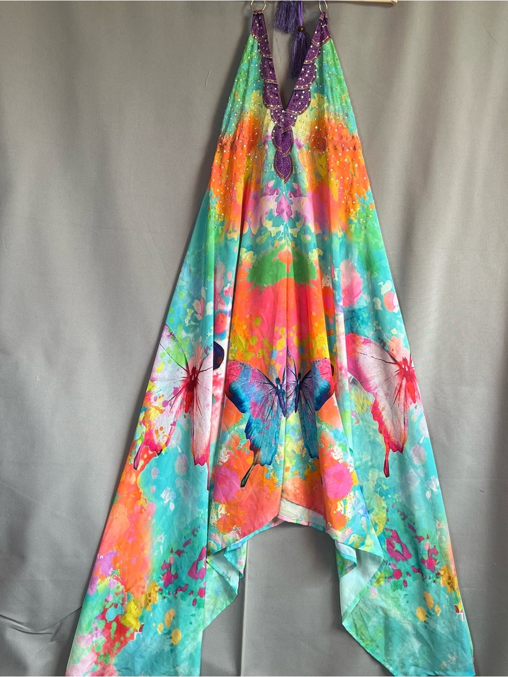 Celina One Size Colorful Butterfly Halter Maxi Dress in Turquoise & Coral